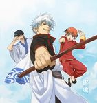  2boys :d artist_request bangs black_hair blunt_bangs china_dress chinese_clothes dress fighting_stance gintama grin hadanugi_dousa holding holding_sword holding_weapon japanese_clothes kagura_(gintama) kimono long_sleeves looking_at_viewer multiple_boys open_mouth outstretched_arm red_dress sakata_gintoki sash shimura_shinpachi short_hair short_sleeves silver_hair smile spiked_hair standing sweatdrop sword teeth tunic unsheathed weapon 