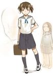  bag black_legwear brown_eyes brown_hair copyright_request full_body holding kneehighs looking_at_viewer mary_janes multiple_girls school_bag school_briefcase school_uniform shirt shoes short_sleeves simple_background sody standing white_background white_shirt 