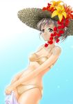  bikini blue_background cowboy_shot dutch_angle flower gradient gradient_background hat kayazu_taira original solo swimsuit white_background 