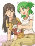  :d ayase_ena bear blush bow brown_hair closed_eyes collarbone duralumin green_eyes green_hair holding holding_stuffed_animal kasuga_(kasuga39) koiwai_yotsuba long_hair lowres multiple_girls older open_mouth pants shirt short_sleeves sitting smile stuffed_animal stuffed_toy teddy_bear yotsubato! 