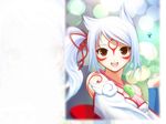  amaterasu animal_ears artist_request detached_sleeves eyebrows eyeliner facial_mark fang issun japanese_clothes jpeg_artifacts looking_at_viewer makeup ookami_(game) personification red_eyes side_ponytail smile solo_focus wallpaper white_hair wolf_ears 