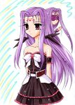  artist_request bare_shoulders blindfold dress fate/stay_night fate_(series) long_hair look-alike lutecia_alpine lyrical_nanoha mahou_shoujo_lyrical_nanoha_strikers multiple_girls purple_hair rider strapless strapless_dress 