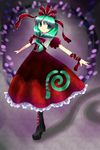  blush boots bow bowtie dress front_ponytail green_eyes green_hair hair_bow kagiyama_hina knee_boots looking_at_viewer outstretched_arms puffy_short_sleeves puffy_sleeves red_bow red_dress red_neckwear sakurano shawl short_hair short_sleeves solo standing touhou wrist_cuffs 