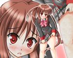  :o bare_legs blazer blush bow bowtie brown_hair buttons cowboy_shot grey_skirt hiiragi_tomoka jacket little_busters! long_sleeves natsume_rin open_mouth pink_bow pink_neckwear plaid plaid_skirt pleated_skirt red_eyes school_uniform skirt solo standing zoom_layer 