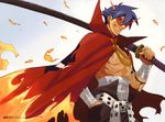  abs bandages blue_hair bodypaint cape chest glasses grin highres kamina kamina_shades katana male_focus manly nishigori_atsushi official_art sarashi scan sheath sheathed shirtless smile solo sword tengen_toppa_gurren_lagann weapon 