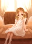  arm_support arms_at_sides blonde_hair blush brown brown_eyes brown_hair child copyright_request couch curtains dress feet_out_of_frame floor goto_p hair_ornament indoors looking_at_viewer medium_hair short_sleeves sitting socks solo white_dress white_footwear white_legwear window 