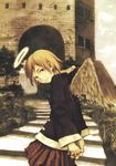  abe_yoshitoshi brown_eyes brown_hair haibane_renmei halo highres looking_back rakka smile solo wings 