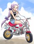  artist_request denim denim_shorts fate/stay_night fate_(series) food glasses ground_vehicle long_hair minibike motor_vehicle motorcycle multi-tied_hair ponytail popsicle purple_hair rider shorts sitting solo tank_top very_long_hair watermelon_bar 
