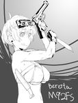  artist_request beretta_92 copyright_request cqc gloves goggles greyscale gun handgun holding holding_gun holding_weapon knife monochrome pistol reverse_grip solo toned trigger_discipline weapon 