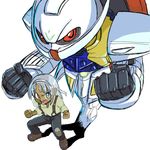  angry artist_request blue_dragon clenched_hands dark_skin dark_skinned_male fighting_stance full_body gundam long_hair long_sleeves looking_at_viewer loran_cehack machinery male_focus mecha pants parody shadow silver_eyes silver_hair simple_background solo suspenders sweater turn_a_gundam white_background 