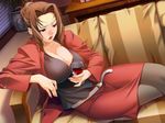  alcohol alea asao_sara belt breasts brown_hair cleavage couch crossed_legs drunk dutch_angle from_above game_cg hair_up ino large_breasts legs lipstick makeup mature nail_polish pantyhose pencil_skirt pink_nails red_eyes sitting skirt solo wine 