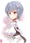  ayanami_rei bangs blue_hair blush bodysuit breasts covered_nipples from_side grey_background hair_ornament impossible_clothes light_smile looking_to_the_side maira_gen neon_genesis_evangelion number pilot_suit plugsuit red_eyes short_hair simple_background sketch slender_waist small_breasts smile solo turtleneck upper_body white_bodysuit 