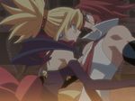 1girl adell_(disgaea) backless_dress backless_outfit blonde_hair blush_stickers disgaea dress earrings elbow_gloves eye_contact gloves hair_ornament jewelry long_hair looking_at_another makai_senki_disgaea_2 necktie official_art pointy_ears profile red_hair rozalin screencap shirt sleeveless sleeveless_shirt strapless strapless_dress wings 