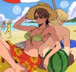  13hbcop 1boy 3girls back-to-back barnaby_brooks_jr beach bikini blonde_hair blush breasts brown_hair crossed_legs floral_print food fruit genderswap glasses hat jewelry kaburagi_t_kotetsu karina_lyle male_swimwear medium_breasts multiple_girls one-piece_swimsuit print_sarong red_sarong ring sarong semi-rimless_eyewear sitting sun_hat sunglasses sweatdrop swim_trunks swimsuit swimwear tiger_&amp;_bunny umbrella under-rim_eyewear watermelon wedding_band yellow-framed_eyewear 