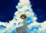  brown_eyes brown_hair cloud day dress endless_eight hair_ribbon looking_back ribbon shirase_(azure) short_hair solo suzumiya_haruhi suzumiya_haruhi_no_yuuutsu 