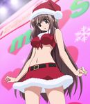  1girl belt brown_eyes brown_hair christmas hat highres long_hair looking_down midriff oretachi_ni_tsubasa_wa_nai santa_hat screencap skirt solo stitched watarai_asuka 