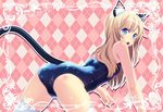  amamiya_minato animal_ears argyle argyle_background bad_id bad_pixiv_id bare_shoulders blonde_hair blush cat_ears cat_tail long_hair one-piece_swimsuit open_mouth original outline school_swimsuit solo swimsuit tail thighhighs wet white_legwear 
