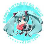  2007 2012 aqua_eyes aqua_hair character_name chibi detached_sleeves happy_birthday hatsune_miku headset heart long_hair micchi_(qube_star) open_mouth skirt solo thighhighs twintails very_long_hair vocaloid 