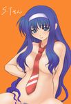  areolae blue_eyes breasts convenient_censoring hair_censor hair_over_breasts hairband highres large_breasts long_hair lyrical_nanoha mahou_shoujo_lyrical_nanoha_strikers necktie nude pubic_hair purple_hair shinanoya_(satanicad) simple_background solo tsukimura_suzuka 