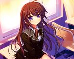  alpha brown_hair long_hair original petals purple_eyes seifuku 