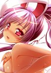  alternate_hairstyle animal_ears bare_shoulders bikini blush breasts bunny_ears bunny_tail from_behind hair_ribbon large_breasts lavender_hair long_hair looking_at_viewer looking_back open_bikini open_clothes open_mouth pink_bikini ponytail red_eyes reisen_udongein_inaba ribbon sideboob sidelocks simple_background solo sweat swimsuit tail tan tanline tokyo_yamane touhou upper_body white_background 