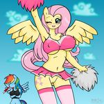  anthrofied big_breasts blood blush bottomless breasts cheerleader clothed clothing cutie_mark equine female fluttershy_(mlp) friendship_is_magic hair half-dressed horse huge_breasts legwear looking_at_viewer mammal my_little_pony nipples nosebleed one_eye_closed pegasus pink pink_hair pom_poms pompoms pony pussy rainbow_dash_(mlp) razplus skirt standing stockings wings wink 