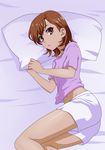  bed brown_eyes brown_hair fursen misaka_mikoto pillow shorts solo to_aru_kagaku_no_railgun to_aru_majutsu_no_index 