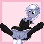  blinkie_pie_(mlp) blue_eyes blush border bottomless butt clitoris clothed clothing dress equine female feral friendship_is_magic fur grey_fur hair half-dressed heterochromia horse kloudmutt legwear lying maid maid_outfit maid_uniform mammal my_little_pony on_back open_mouth pink_background plain_background pony presenting presenting_hindquarters purple_eyes pussy socks solo spread_legs spreading stockings tongue uniform upskirt white_hair 