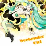  boots copyright_name green_eyes green_hair hand_on_own_chest hatsune_miku headphones long_hair open_mouth shuon skirt twintails very_long_hair vocaloid 