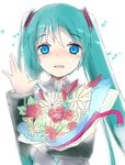  aqua_eyes aqua_hair bad_id bad_pixiv_id bare_shoulders blush bouquet detached_sleeves flower haruyuki_(yukichasoba) hatsune_miku long_hair looking_at_viewer necktie open_mouth sketch smile solo twintails very_long_hair vocaloid waving 