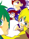  3boys bad_id bad_pixiv_id bandana bangs black_hair blonde_hair blue_eyes blush brown_hair emerald_(pokemon) fangs green_eyes green_hair looking_at_viewer mitsuru_(pokemon) multiple_boys odamaki_sapphire pointy_hair pokemon pokemon_special red_eyes ruby_(pokemon) short_hair simple_background smile udog 