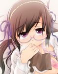  book bookmark bra bra_lift breasts brown_hair glasses hair_ribbon long_hair looking_at_viewer lying medium_breasts on_back open_book original purple_eyes ribbon solo twintails underwear wancho 