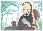  1girl bangs blonde_hair blue_eyes book closed_mouth couch eyebrows_visible_through_hair gosick headdress highres holding holding_book kawayabug long_hair pipe plant reading sitting solo victorica_de_blois wide_sleeves 