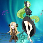  1girl blonde_hair blue_eyes blush breasts cosplay green_hair headset high_heels large_breasts long_hair meloetta meloetta_(cosplay) music_note musical_note pokemon shirona_(pokemon) shirona_(pokemon)_(cosplay) shoes treble_clef very_long_hair 