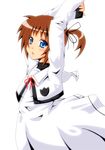  arms_up bad_id bad_pixiv_id blue_eyes blush brown_hair danna_(tsukimisou) hair_ribbon long_sleeves lyrical_nanoha mahou_shoujo_lyrical_nanoha mahou_shoujo_lyrical_nanoha_a's open_mouth red_ribbon ribbon school_uniform seishou_elementary_school_uniform short_twintails solo takamachi_nanoha twintails white_background 