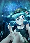  blue_eyes blue_hair fish goggles goggles_on_eyes hair_bobbles hair_ornament hat highres kawashiro_nitori key midriff porforever short_hair shorts solo tank_top touhou turtle two_side_up underwater v water 