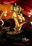  bare_shoulders breasts cassiopeia_du_couteau claws cleavage curtains demoncat glowing glowing_eyes helmet lamia large_breasts league_of_legends lips monster_girl signature snake solo white_eyes 