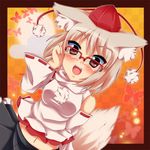  animal_ears bespectacled blush detached_sleeves glasses hat ikue_fuuji inubashiri_momiji navel open_mouth over-rim_eyewear red-framed_eyewear red_eyes semi-rimless_eyewear short_hair silver_hair solo tail tokin_hat touhou wide_sleeves wolf_ears wolf_tail 