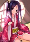  akesaka_iku black_eyes black_hair collarbone duplicate flower hair_flower hair_ornament heart heart-shaped_pupils japanese_clothes kimono sengoku_taisen senhime sitting smile solo symbol-shaped_pupils twintails 