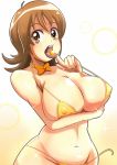  1girl ahoge bikini breasts brown_eyes brown_hair cleavage erect_nipples large_breasts looking_at_viewer micro_bikini navel open_mouth precure short_hair solo swimsuit tongue tongue_out wardrobe_malfunction 