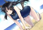  all_fours animal_ears barefoot beach black_eyes black_hair blush day dutch_angle hattori_shizuka long_hair looking_at_viewer one-piece_swimsuit outdoors ponytail satou_atsuki school_swimsuit sketch sky smile solo strike_witches sunlight swimsuit tail water world_witches_series 
