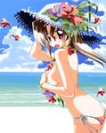  1girl ass beach bikini breasts brown_hair hat hayate_no_gotoku! long_hair maria maria_(hayate_no_gotoku!) nipples ocean ponytail red_eyes sea sky swimsuit 
