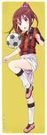  :o ball blush brown_eyes brown_hair focke_wulf ginga_e_kickoff!! highres leg_up ponytail shorts simple_background soccer_ball soccer_uniform solo sportswear takatoo_erika telstar watermark web_address yellow_background 