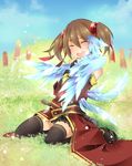  animal black_legwear brown_hair closed_eyes errant feathers fingerless_gloves from_behind gloves highres pina_(sao) short_twintails silica sitting sword_art_online tears thighhighs toutenkou twintails wariza 