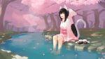  1girl animal_ear_fluff animal_ears black_hair cat_ears cat_girl cat_tail character_request cherry_blossoms copyright_request floral_print hair_ribbon japanese_clothes kimono paintrfiend ribbon sandals sandals_removed sitting solo stream tagme tail water white_tail 