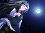  ayase_ren bangs black_hair crotch_seam from_below full_moon game_cg gentle_sasaki glasses kansen_(series) kansen_3_~shuto_houkai~ long_hair looking_at_viewer moon night panties panties_under_pantyhose pantyhose purple_eyes school_uniform sky star_(sky) starry_sky striped striped_panties thighband_pantyhose underwear wind 