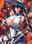  1girl areolae black_hair bodysuit breast_slip breasts covered_nipples gauntlets green_eyes hetero highres huge_breasts igawa_asagi long_hair one_breast_out penis r-wade solo_focus sword taimanin_(series) taimanin_asagi tentacles weapon 