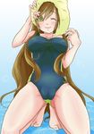  axis_powers_hetalia bad_id bad_pixiv_id breasts brown_hair flower green_eyes hair_ornament hungary_(hetalia) large_breasts long_hair one-piece_swimsuit one_eye_closed smile solo swimsuit towel 