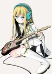  bad_id bad_pixiv_id banned_artist blonde_hair blue_eyes blush boots guitar headphones holding instrument long_hair looking_at_viewer mirai_(macharge) original pleated_skirt plectrum simple_background skirt smile solo white_background 