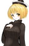  alternate_costume blonde_hair brown_eyes han_(jackpot) hand_on_own_chest hat light_smile lunasa_prismriver ribbed_sweater short_hair simple_background sketch solo sweater touhou upper_body white_background 